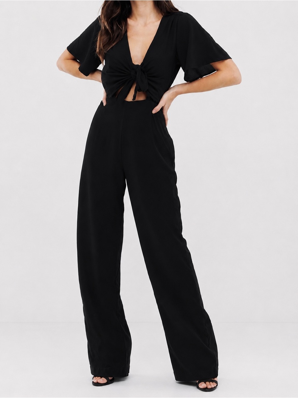 FASHION UNION Black Jumpsuit w Plunge V-neck Tie Front